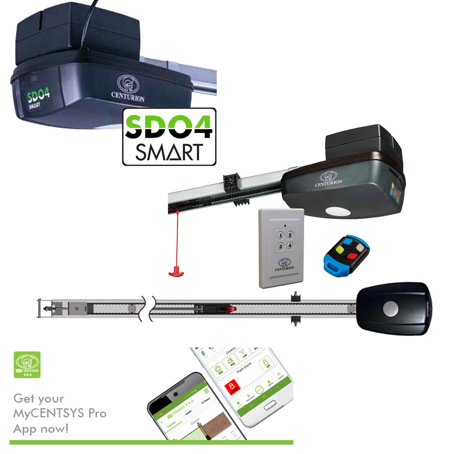 Centurion SDO4 SMART product range with motor, rail, wall control and remote