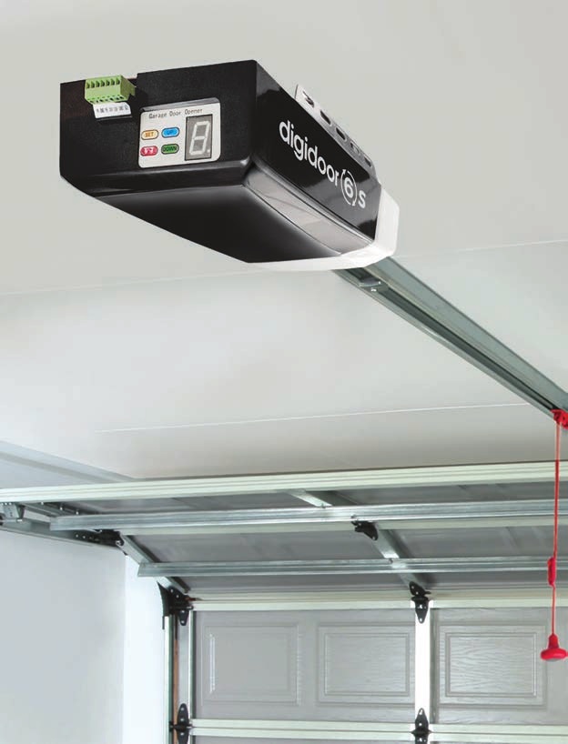 Manufacturer illustration of a Digidoor 6 overhead garage door motor installed on its rail
