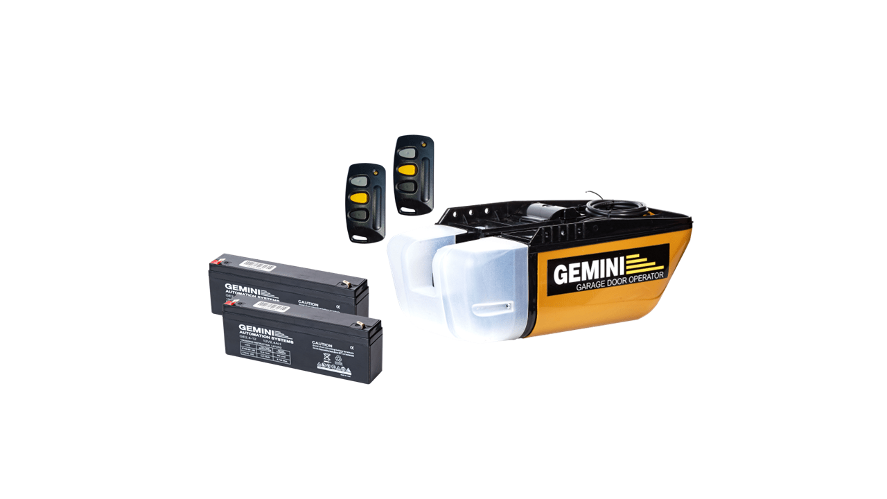 Gemini 24V Drive 1000 garage door motor product illustration with battery and remotes